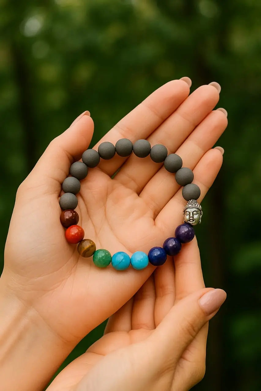7 Chakra Bracelet With Grey Matte Lava