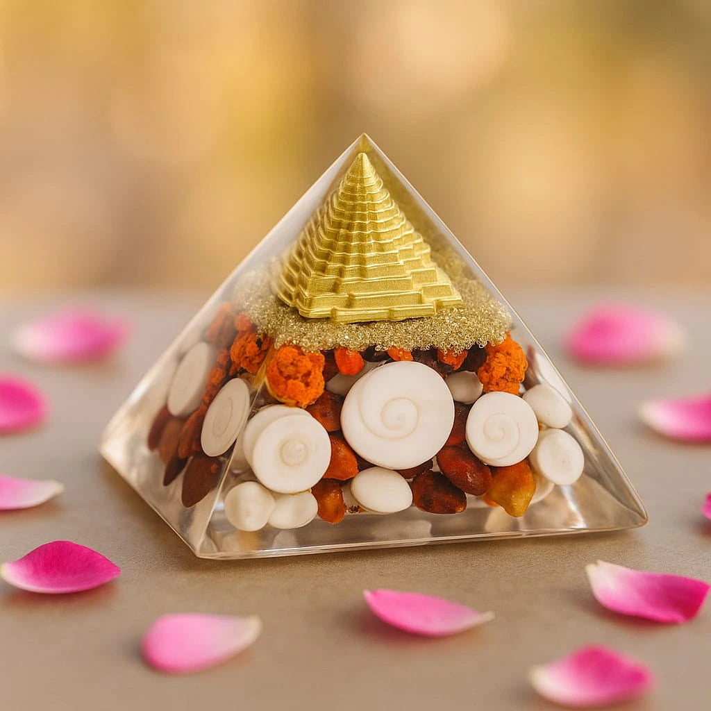 Pyramid-shaped decorative item with colorful layers on a blurred background