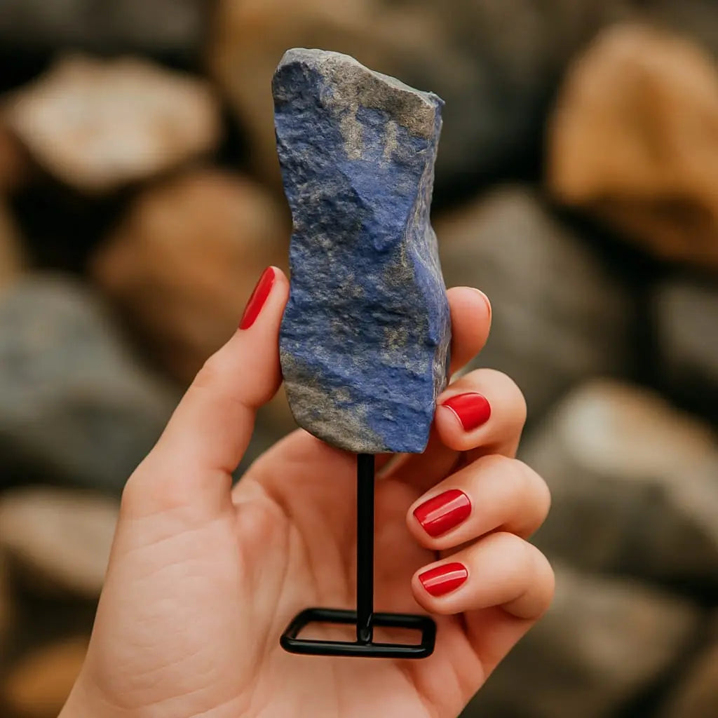 Natural Lapis Lazuli Raw Stone on Metal Stand