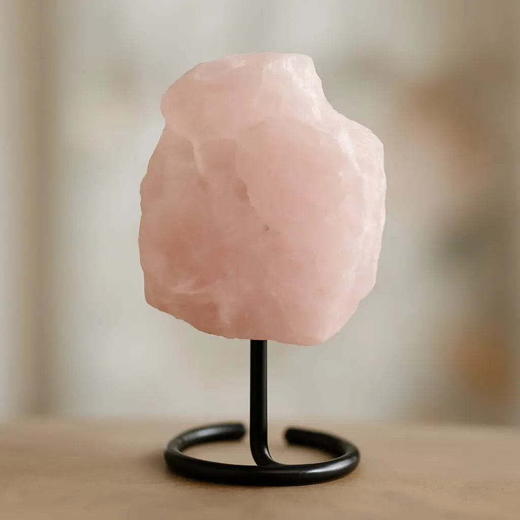Natural Rose Quartz Raw Stone on Metal Stand