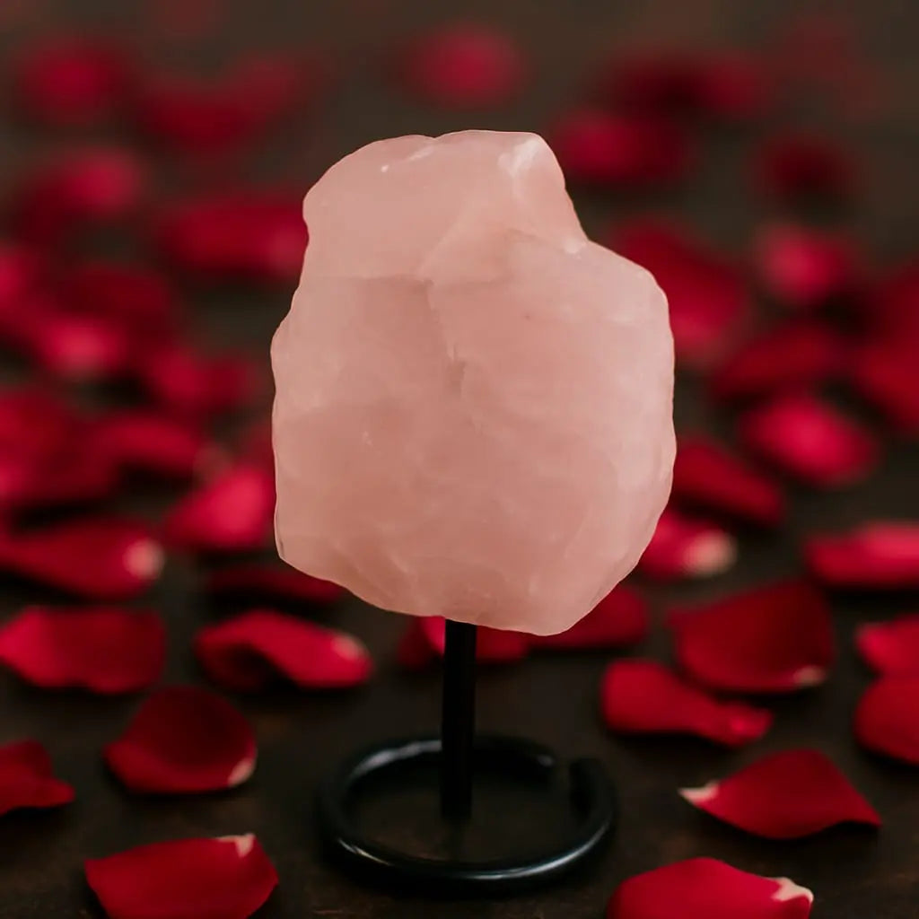 Natural Rose Quartz Raw Stone on Metal Stand