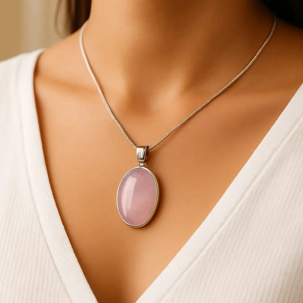 Necklace with a pink pendant by Luckkstudio on a person wearing a white top.
