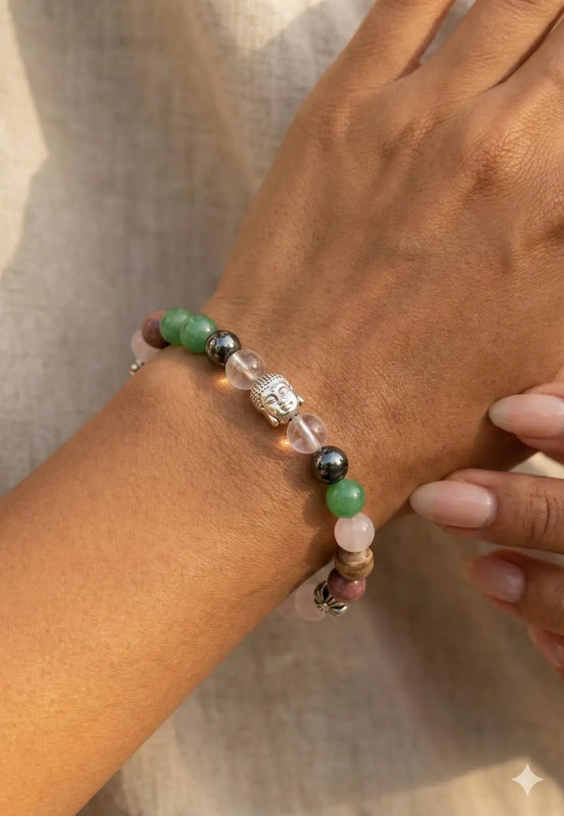 Close-up of a hand wearing a beaded bracelet with various colored beads.