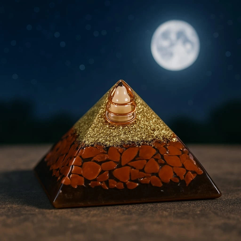 Pyramid-shaped object with a glowing top against a dark background with a moon.